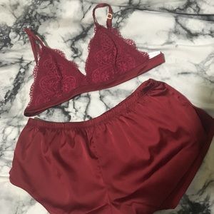 Red maroon bralette and pj shorts
